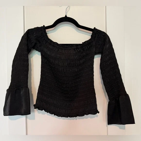 FRAME Smocked Off Shoulder Top in Black Size XS - Picture 14 of 16